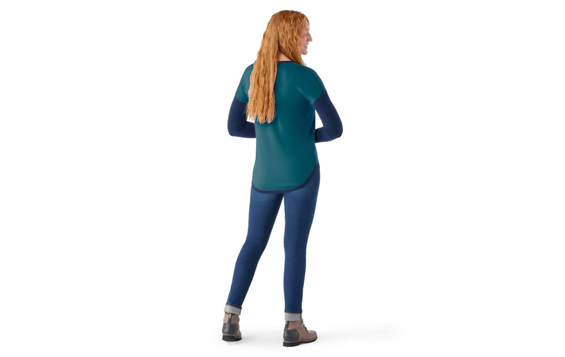Smartwool Womens Shadow Pine Sweater Blue Donegal Model Studio Image Back