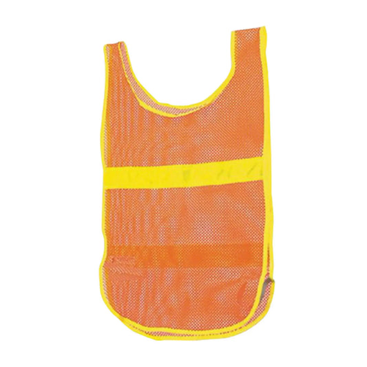Front view of the Aardvark reflective Vest in orange high-visibility mesh with a bright yellow reflective horizontal stripe and yellow trim, shown against a plain white background.