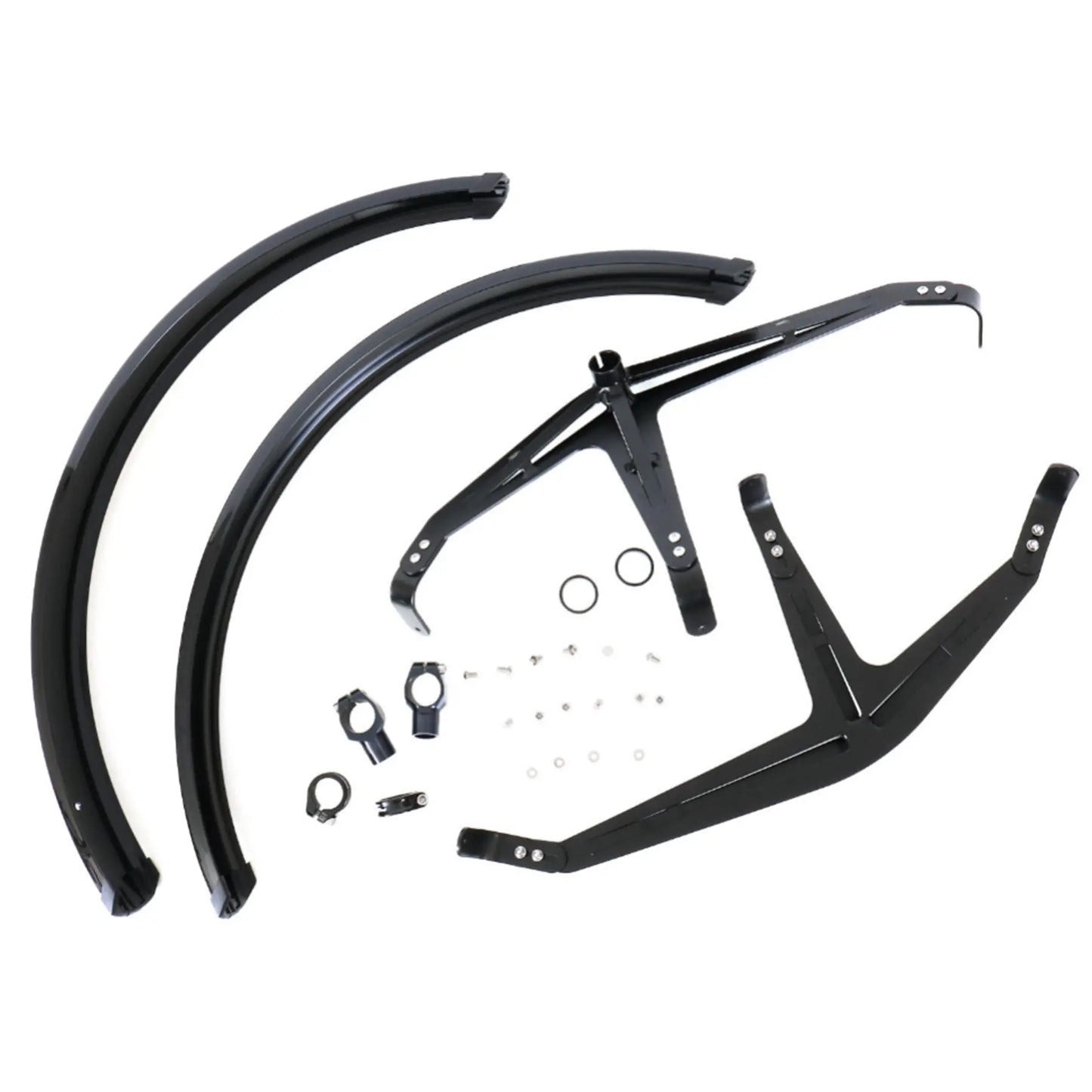 Image of the fenders and hardware included in the Azub 26 x 3 inch Ultra Wide Front Trike Mudguards Pair against a white background.