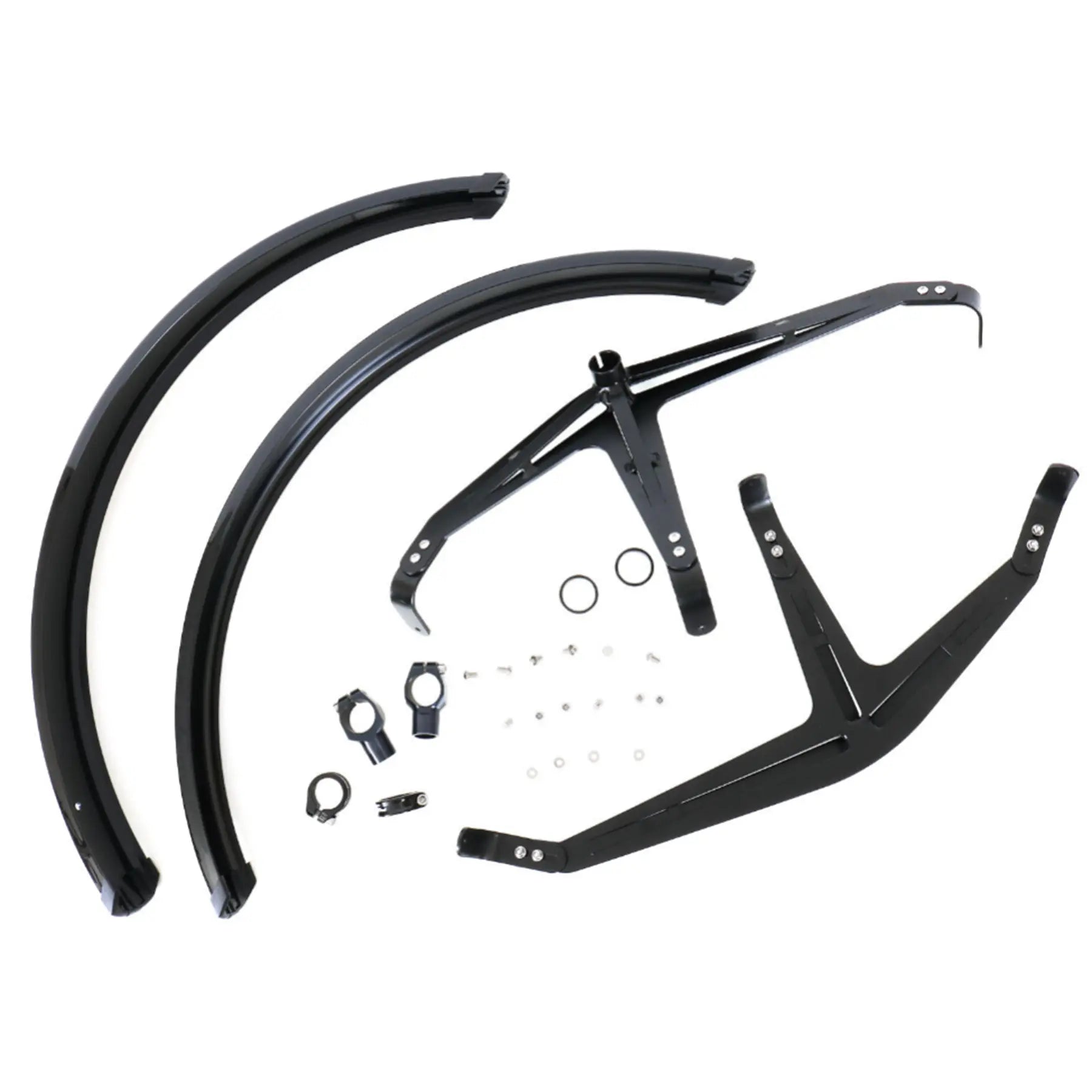 Image of the fenders and hardware included in the Azub 26 x 3 inch Ultra Wide Front Trike Mudguards Pair against a white background.