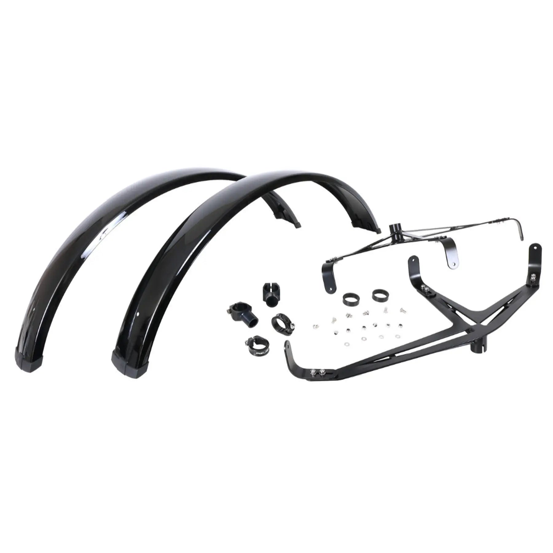 Image of the fenders and hardware included in the Azub 26 x 3 inch Ultra Wide Front Trike Mudguards Pair against a white background.