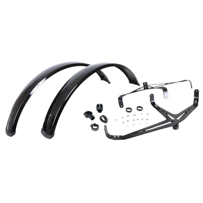 Image of the fenders and hardware included in the Azub 26 x 3 inch Ultra Wide Front Trike Mudguards Pair against a white background.