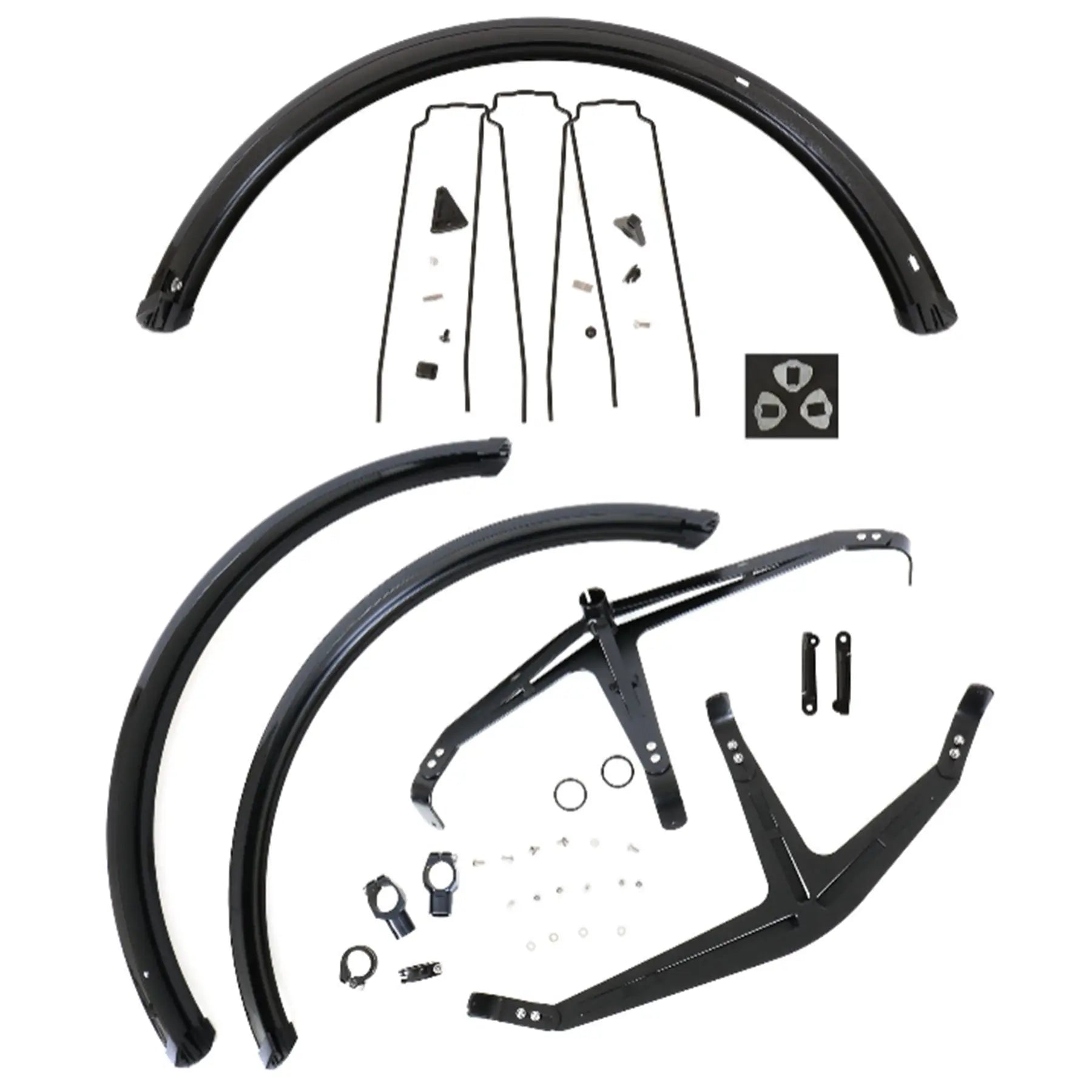 Image of the fenders and mounting hardware for the Azub 26 x 3 inch Ultra-Wide Set of 3 Front and Rear Trike Mudguards against a white background.