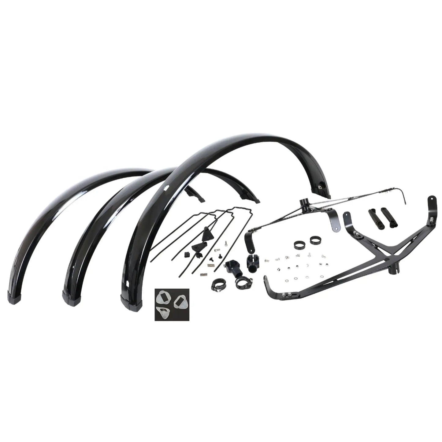 Image of the fenders and mounting hardware for the Azub 26 x 3 inch Ultra-Wide Set of 3 Front and Rear Trike Mudguards against a white background.