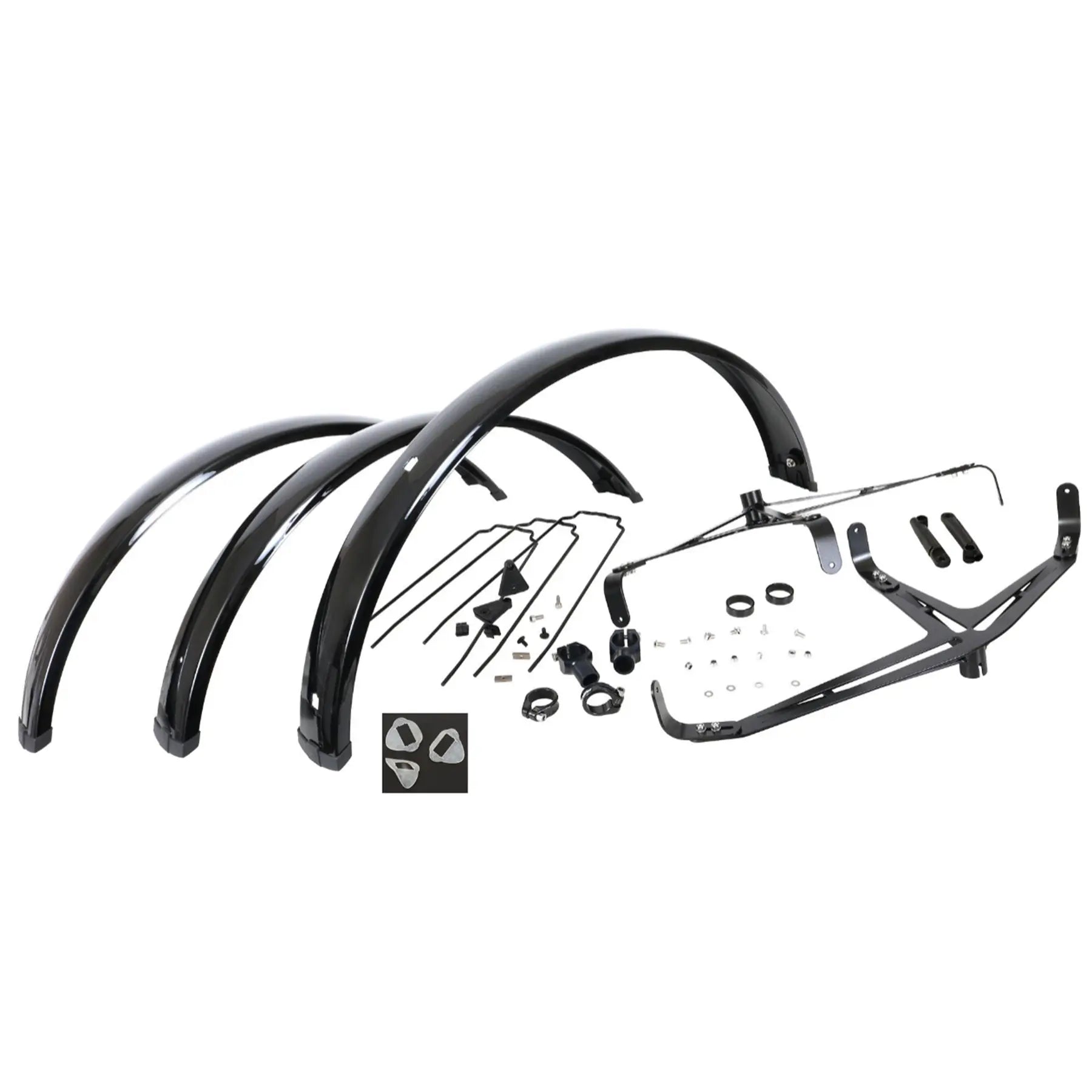 Image of the fenders and mounting hardware for the Azub 26 x 3 inch Ultra-Wide Set of 3 Front and Rear Trike Mudguards against a white background.