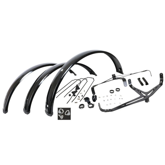 Image of the fenders and mounting hardware for the Azub 26 x 3 inch Ultra-Wide Set of 3 Front and Rear Trike Mudguards against a white background.
