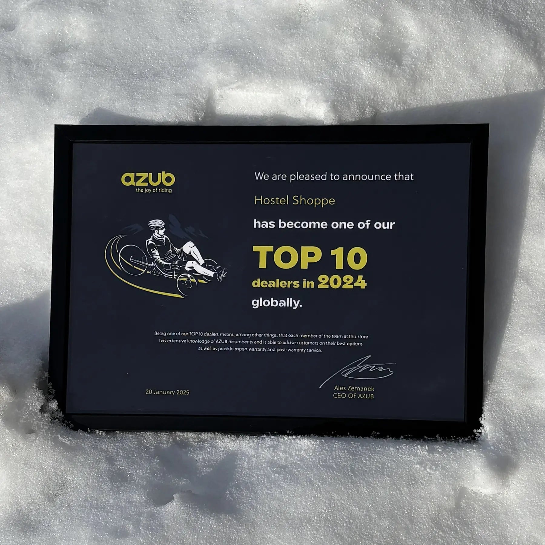 Azub award plaque for Top 10 dealer in 2024 on a snowy background.