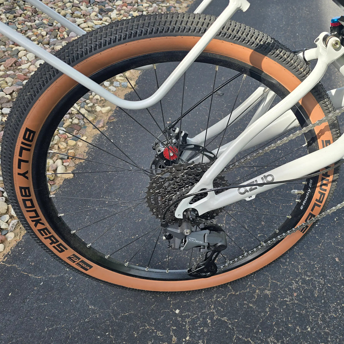 Closeup view of the rear wheel, cassette and rear derailleur on the Azub Demo Six Bosch Performance CX Dynamic Grey Recumbent Bike in an outdoor setting.