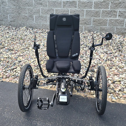Front view of the Azub Demo Ti-Fly 26 Shimano EP6 Deep Black Recumbent Trike in an outdoor setting.