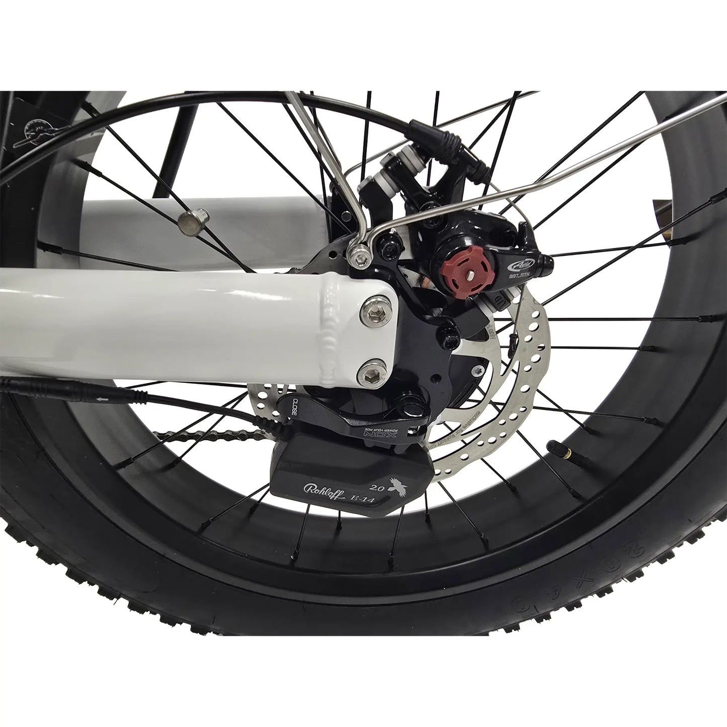 Closeup view of the Rohloff E-14 electronic shift controller and rear disc brake on the Azub Limited Edition Ti-Fly X Bosch Performance CX with Rohloff E14 Shiny White Recumbent Trike against a white background.