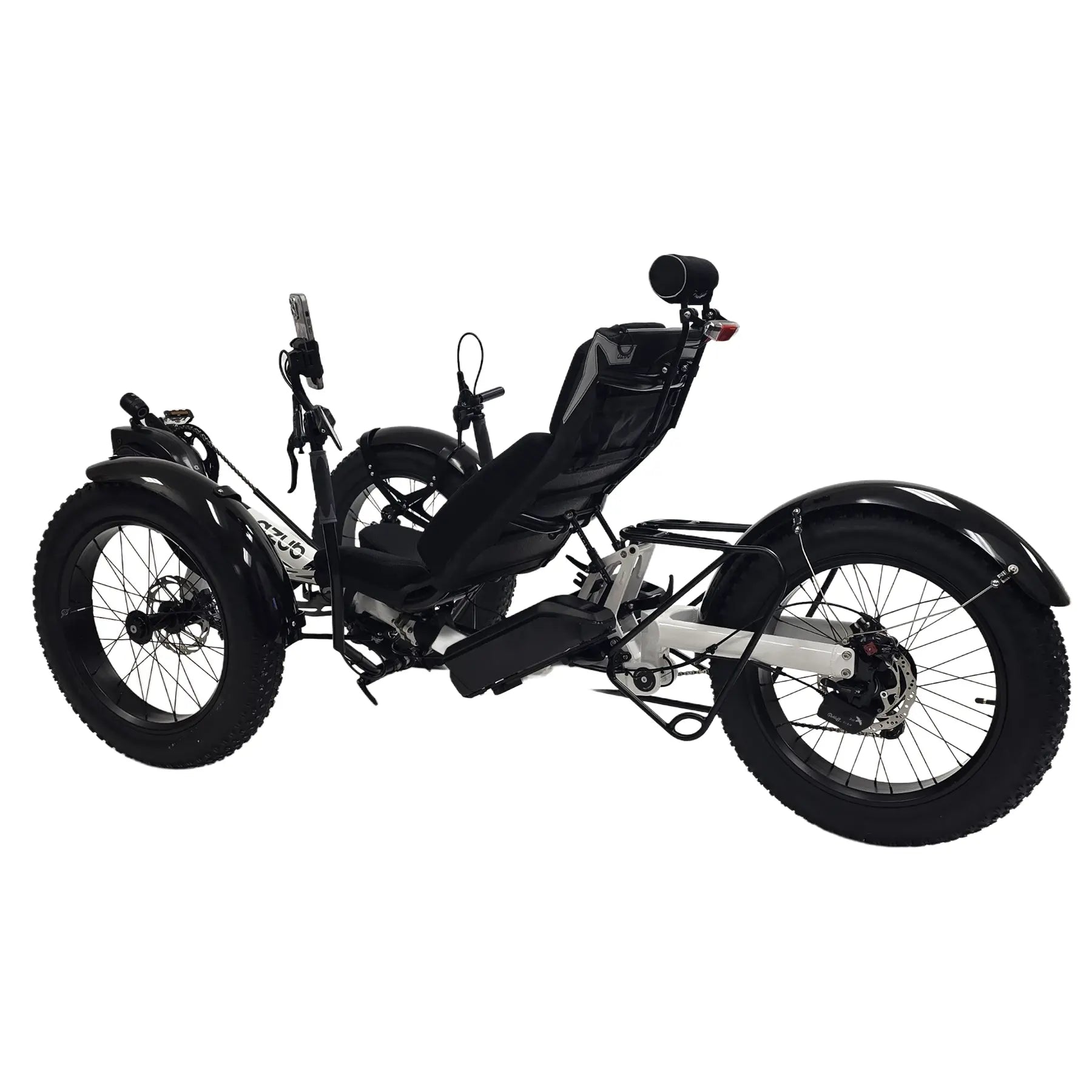 Angled non-drive side view of the Azub Limited Edition Ti-Fly X Bosch Performance CX with Rohloff E14 Shiny White Recumbent Trike against a white background.