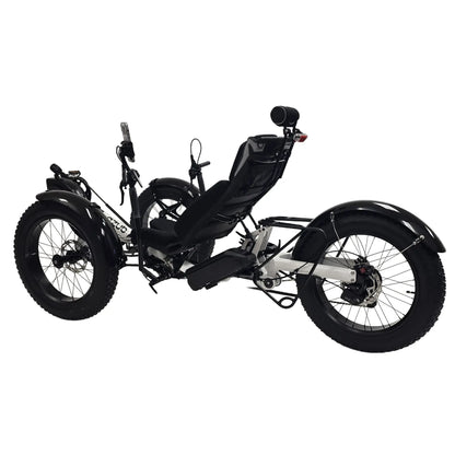 Angled non-drive side view of the Azub Limited Edition Ti-Fly X Bosch Performance CX with Rohloff E14 Shiny White Recumbent Trike against a white background.