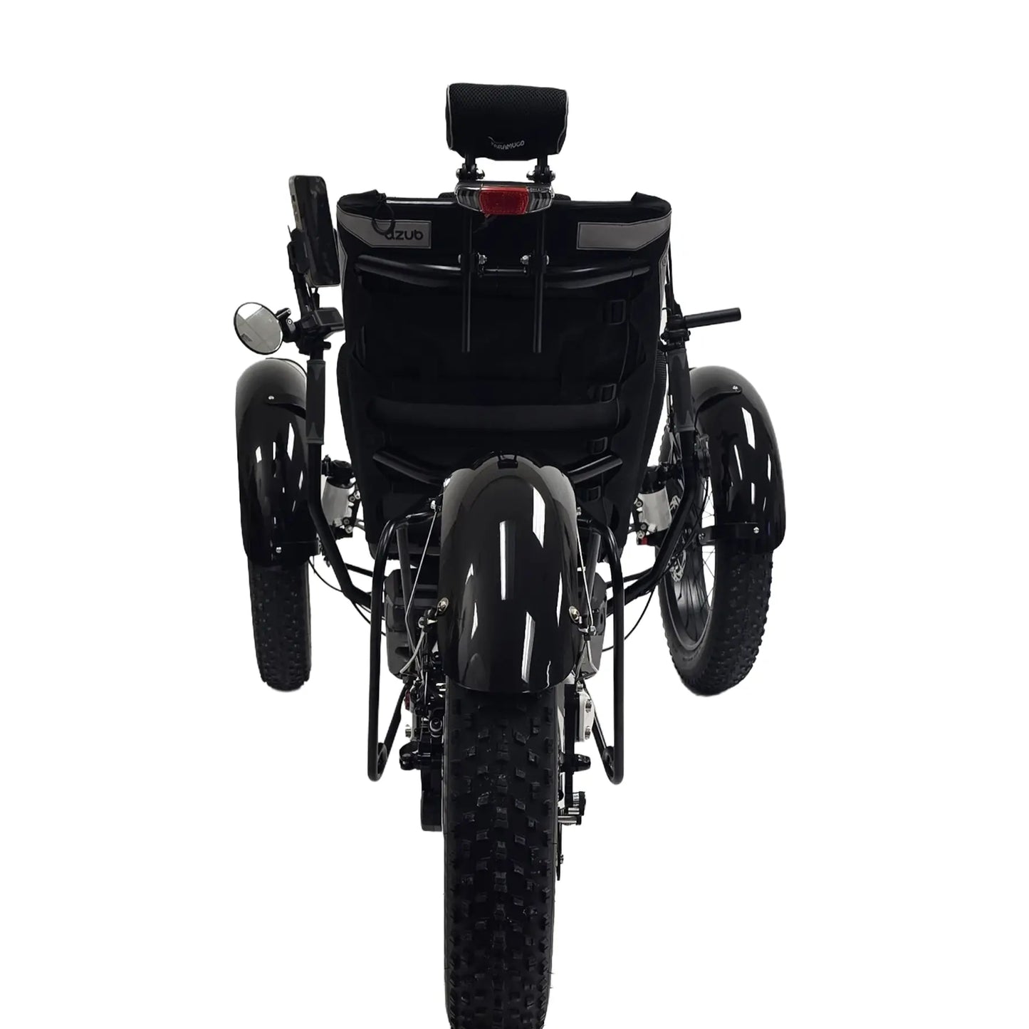 Rear view of the Azub Limited Edition Ti-Fly X Bosch Performance CX with Rohloff E14 Shiny White Recumbent Trike against a white background.