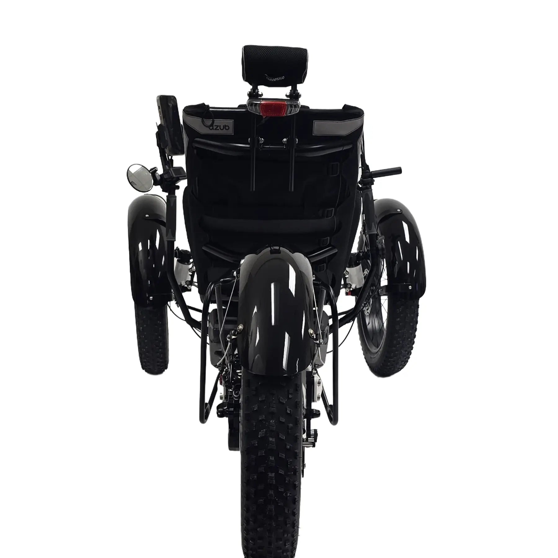 Rear view of the Azub Limited Edition Ti-Fly X Bosch Performance CX with Rohloff E14 Shiny White Recumbent Trike against a white background.