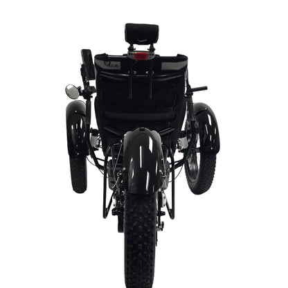 Rear view of the Azub Limited Edition Ti-Fly X Bosch Performance CX with Rohloff E14 Shiny White Recumbent Trike against a white background.