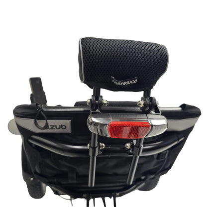 Closeup view of the neck rest and tailight mounted on the seat on the Azub Limited Edition Ti-Fly X Bosch Performance CX with Rohloff E14 Shiny White Recumbent Trike against a white background.