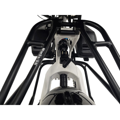 Closeup view of the rear suspension and folding mechanism on the Azub Limited Edition Ti-Fly X Bosch Performance CX with Rohloff E14 Shiny White Recumbent Trike against a white background.