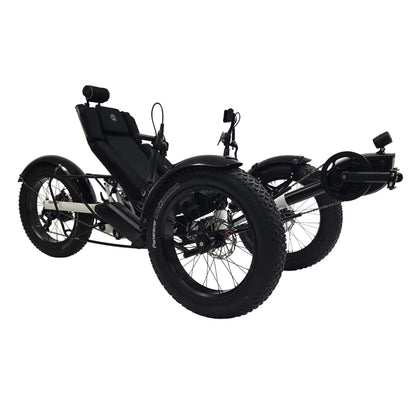 Angled side view of the Azub Limited Edition Ti-Fly X Bosch Performance CX with Rohloff E14 Shiny White Recumbent Trike against a white background.