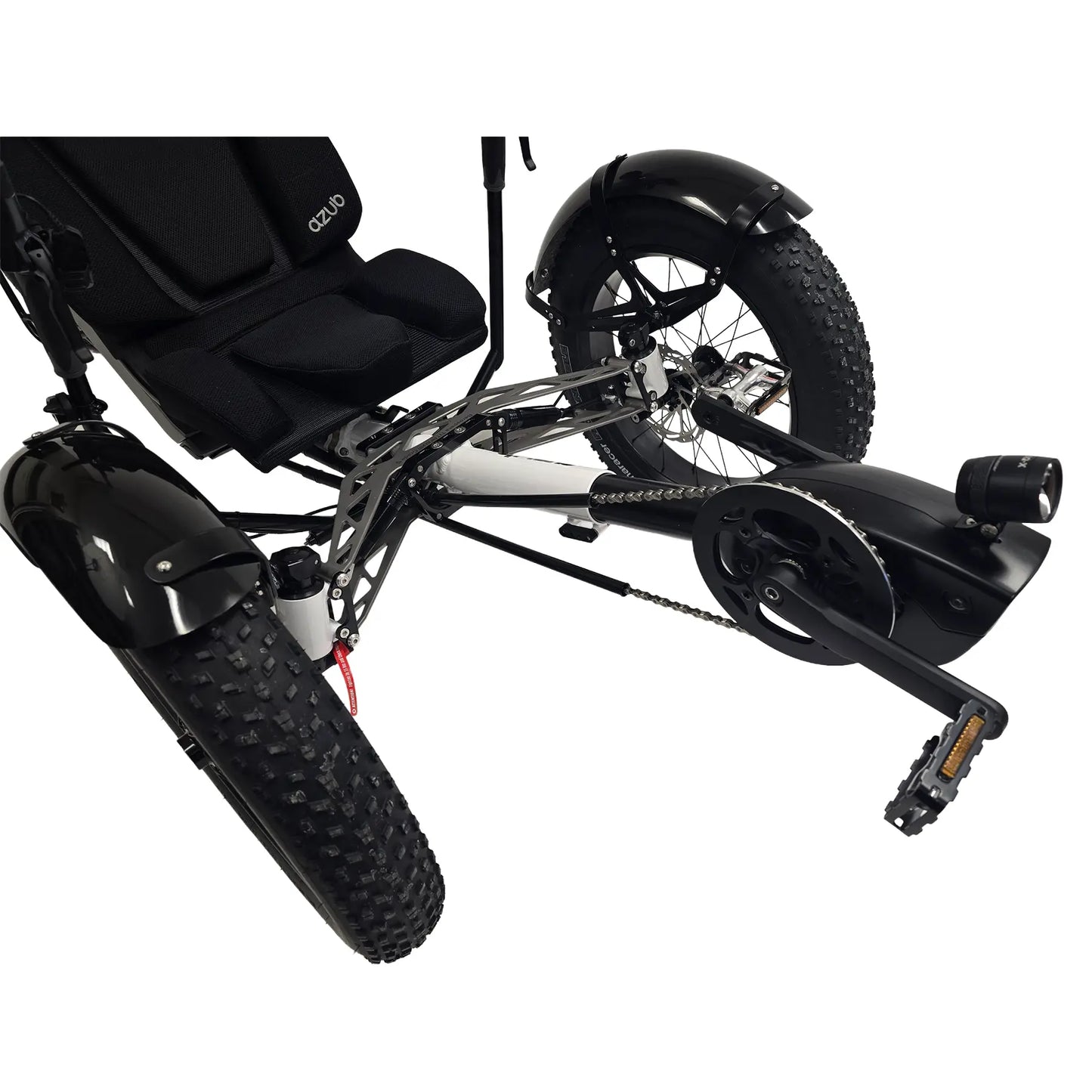 Closeup front view of the Azub Limited Edition Ti-Fly X Bosch Performance CX with Rohloff E14 Shiny White Recumbent Trike against a white background.