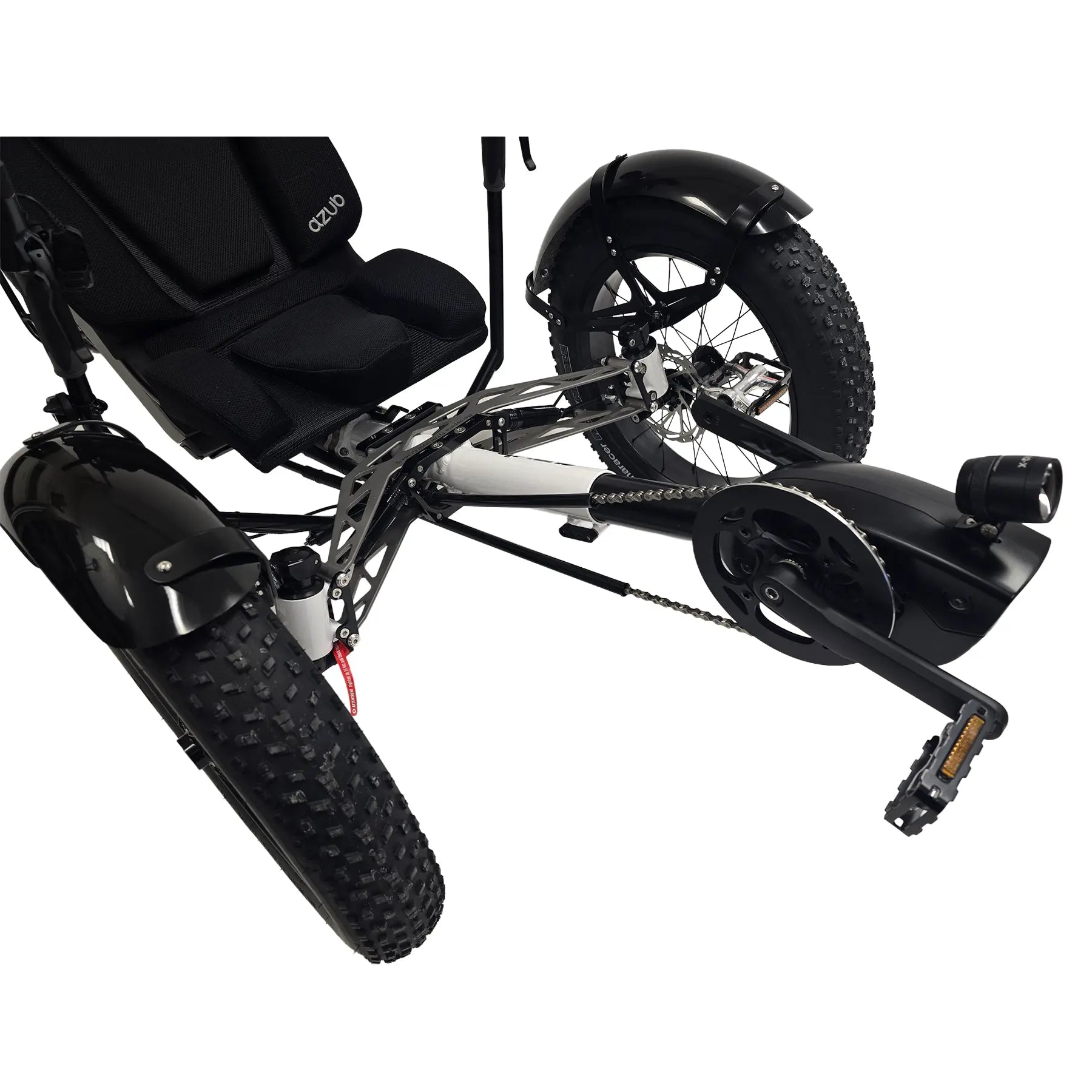 Closeup front view of the Azub Limited Edition Ti-Fly X Bosch Performance CX with Rohloff E14 Shiny White Recumbent Trike against a white background.