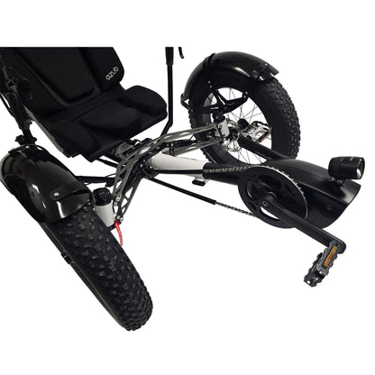 Closeup front view of the Azub Limited Edition Ti-Fly X Bosch Performance CX with Rohloff E14 Shiny White Recumbent Trike against a white background.