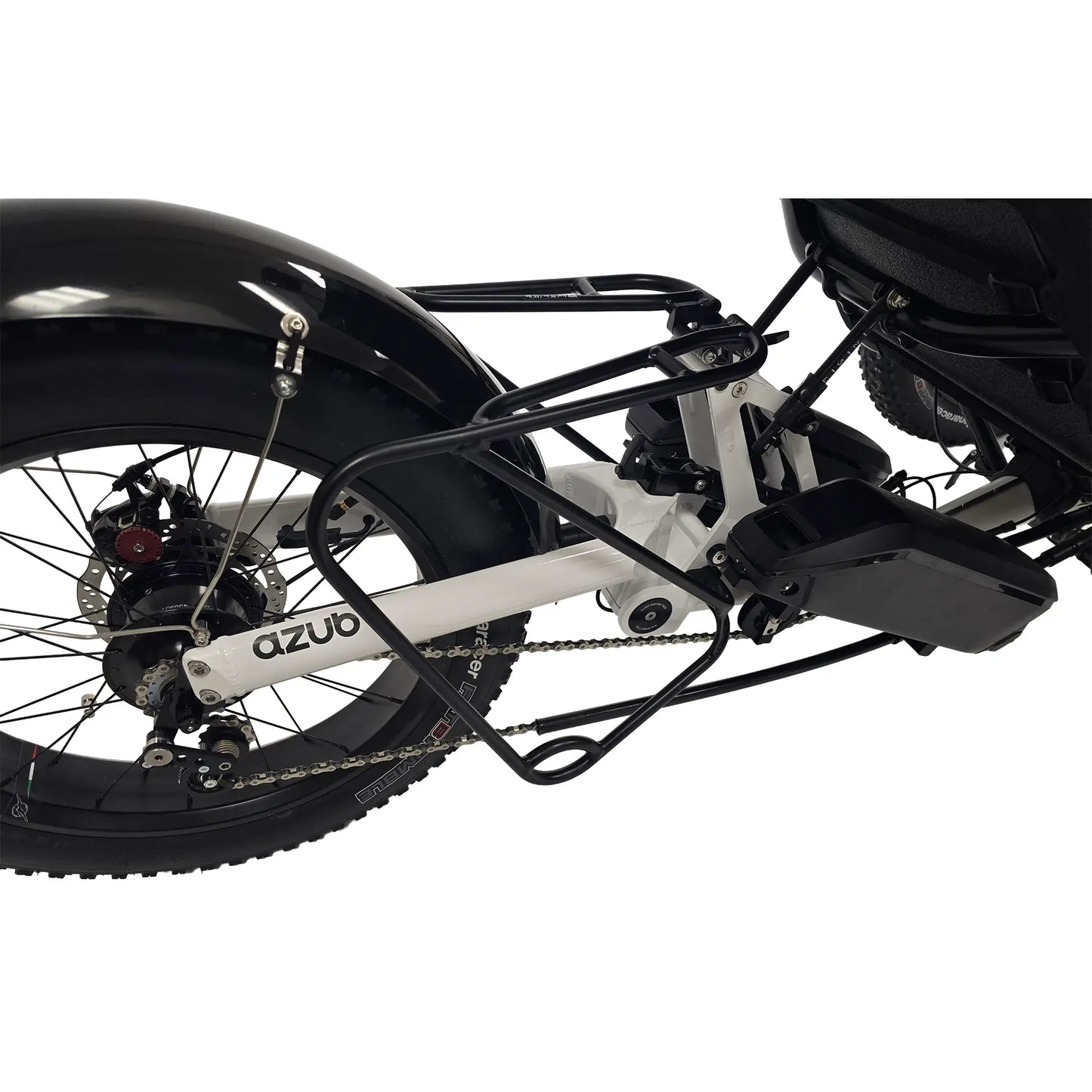 Closeup view of the rear rack, battery, chain tensioner and rear fender on the Azub Limited Edition Ti-Fly X Bosch Performance CX with Rohloff E14 Shiny White Recumbent Trike against a white background.