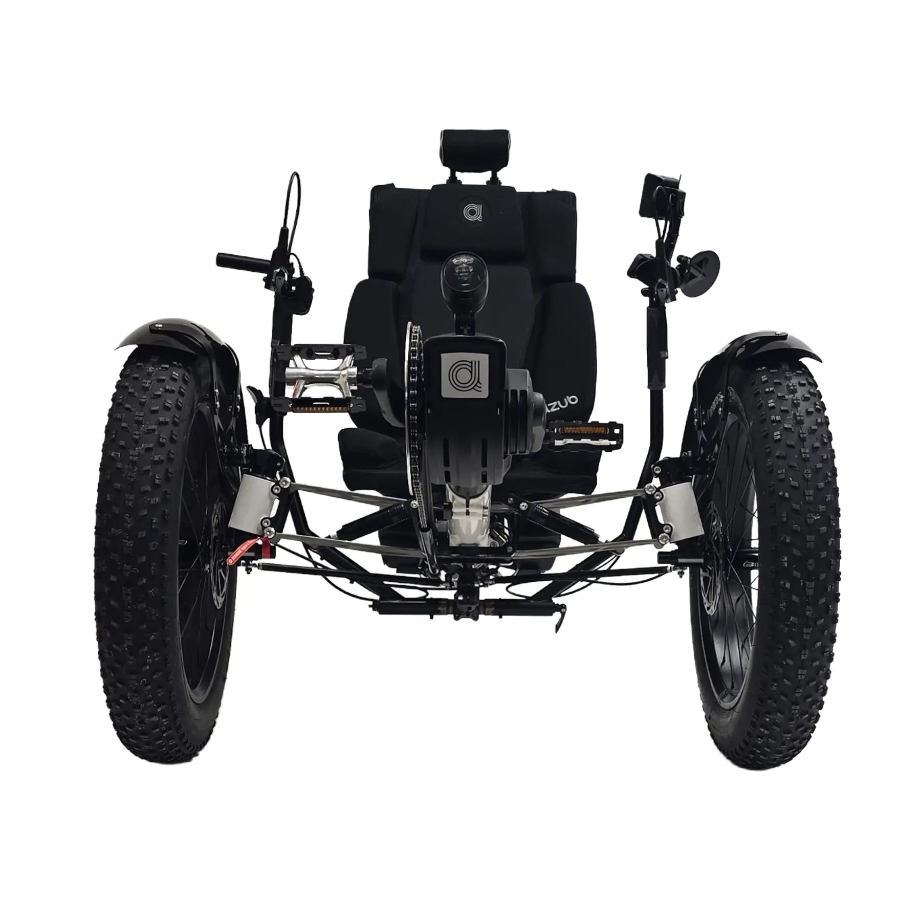 Front view of the Azub Limited Edition Ti-Fly X Bosch Performance CX with Rohloff E14 Shiny White Recumbent Trike against a white background.