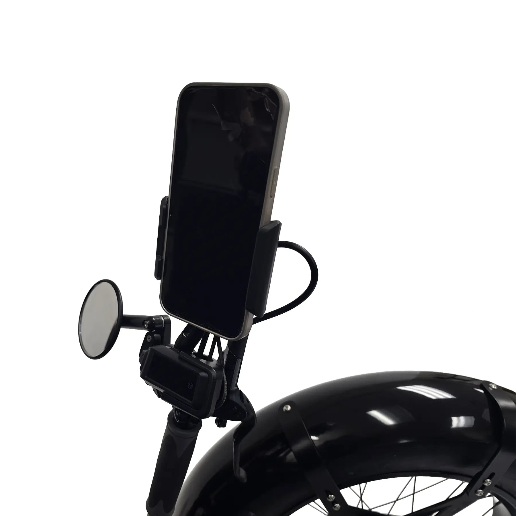 Closeup view of the Bosch Purion controller, mirror and smart phone mount on the Azub Limited Edition Ti-Fly X Bosch Performance CX with Rohloff E14 Shiny White Recumbent Trike against a white background.