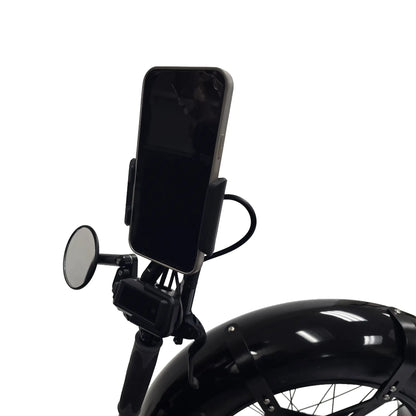 Closeup view of the Bosch Purion controller, mirror and smart phone mount on the Azub Limited Edition Ti-Fly X Bosch Performance CX with Rohloff E14 Shiny White Recumbent Trike against a white background.