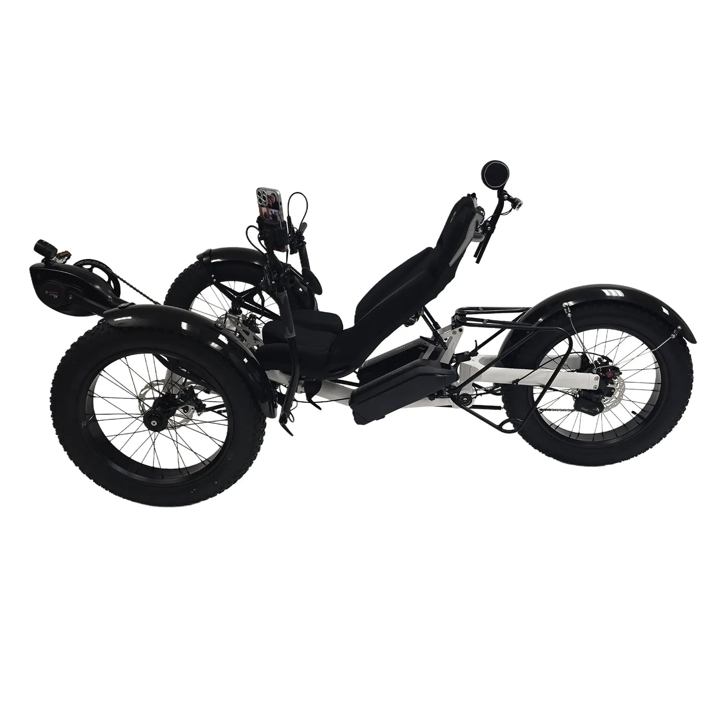 Non-drive side view of the Azub Limited Edition Ti-Fly X Bosch Performance CX with Rohloff E14 Shiny White Recumbent Trike against a white background.