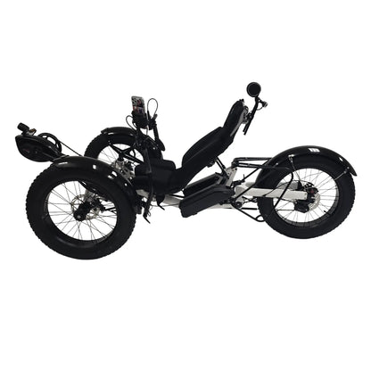 Non-drive side view of the Azub Limited Edition Ti-Fly X Bosch Performance CX with Rohloff E14 Shiny White Recumbent Trike against a white background.