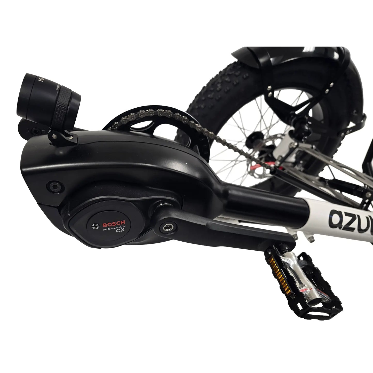 Closeup view of the Bosch performance CX motor on the Azub Limited Edition Ti-Fly X Bosch Performance CX with Rohloff E14 Shiny White Recumbent Trike against a white background.