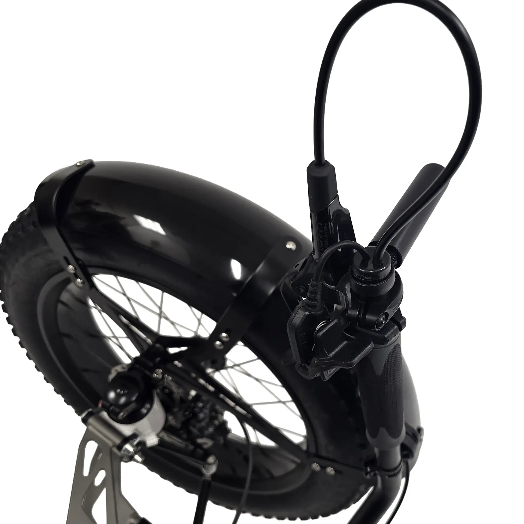 Closeup view of the shifter and accessory mount on the Azub Limited Edition Ti-Fly X Bosch Performance CX with Rohloff E14 Shiny White Recumbent Trike against a white background.