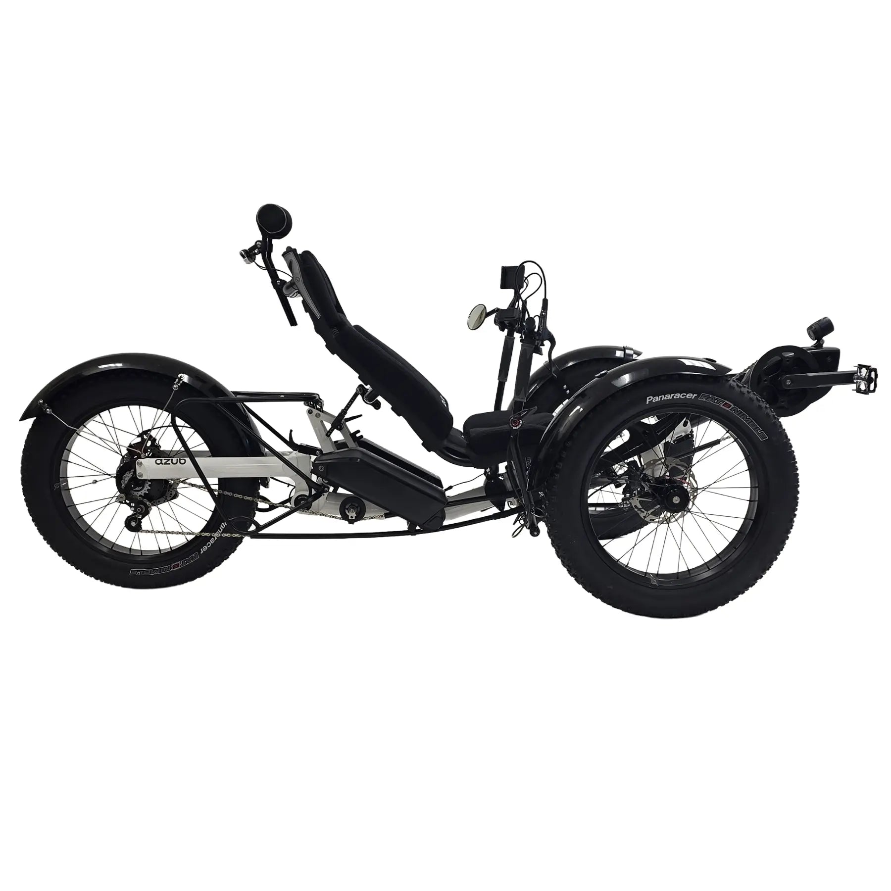 Side view of the Azub Limited Edition Ti-Fly X Bosch Performance CX with Rohloff E14 Shiny White Recumbent Trike against a white background.