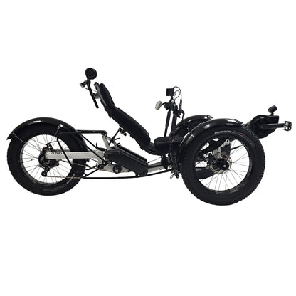 Side view of the Azub Limited Edition Ti-Fly X Bosch Performance CX with Rohloff E14 Shiny White Recumbent Trike against a white background.