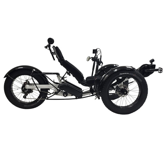 Side view of the Azub Limited Edition Ti-Fly X Bosch Performance CX with Rohloff E14 Shiny White Recumbent Trike against a white background.