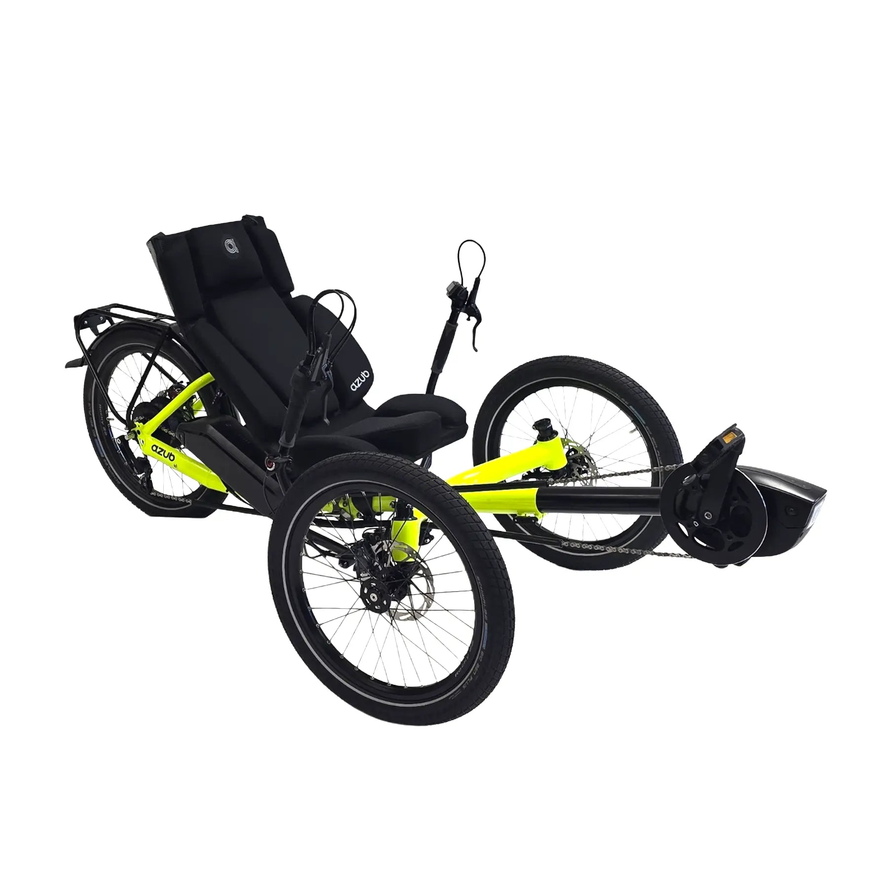 Angled front side view of the Azub T-Trisek Bosch Enviolo Neon Yellow Shiny Recumbent Trike against a white background.
