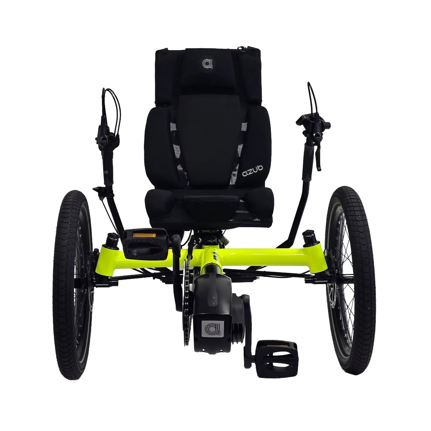Front view of the Azub T-Trisek Bosch Enviolo Neon Yellow Shiny Recumbent Trike against a white background.