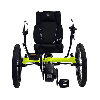 Front view of the Azub T-Trisek Bosch Enviolo Neon Yellow Shiny Recumbent Trike against a white background.
