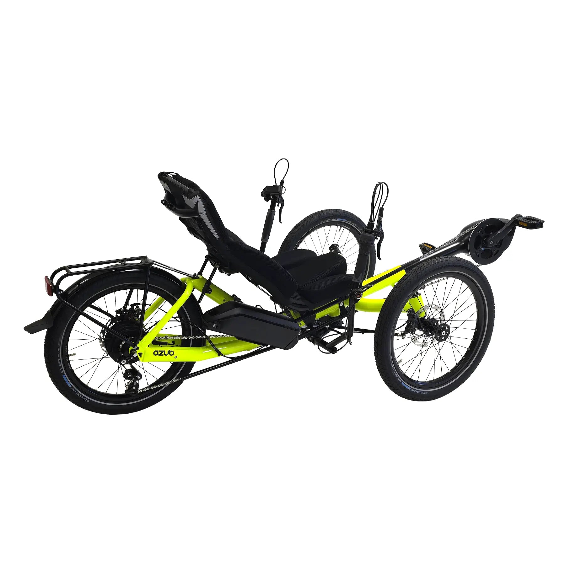Rear angled drive side view of the Azub T-Trisek Bosch Enviolo Neon Yellow Shiny Recumbent Trike against a white background.