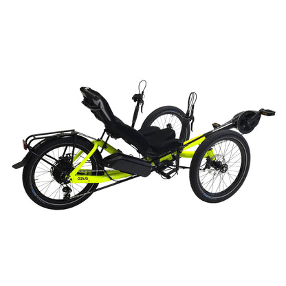 Rear angled drive side view of the Azub T-Trisek Bosch Enviolo Neon Yellow Shiny Recumbent Trike against a white background.