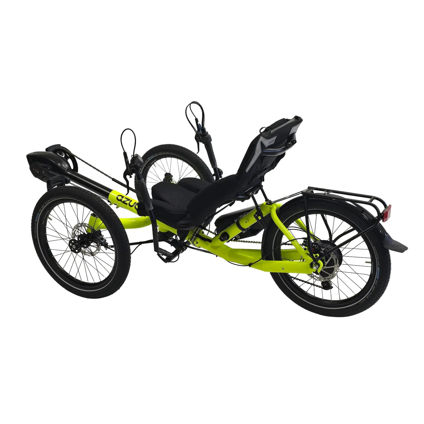 Rear angled non-drive side view of the Azub T-Trisek Bosch Enviolo Neon Yellow Shiny Recumbent Trike against a white background.