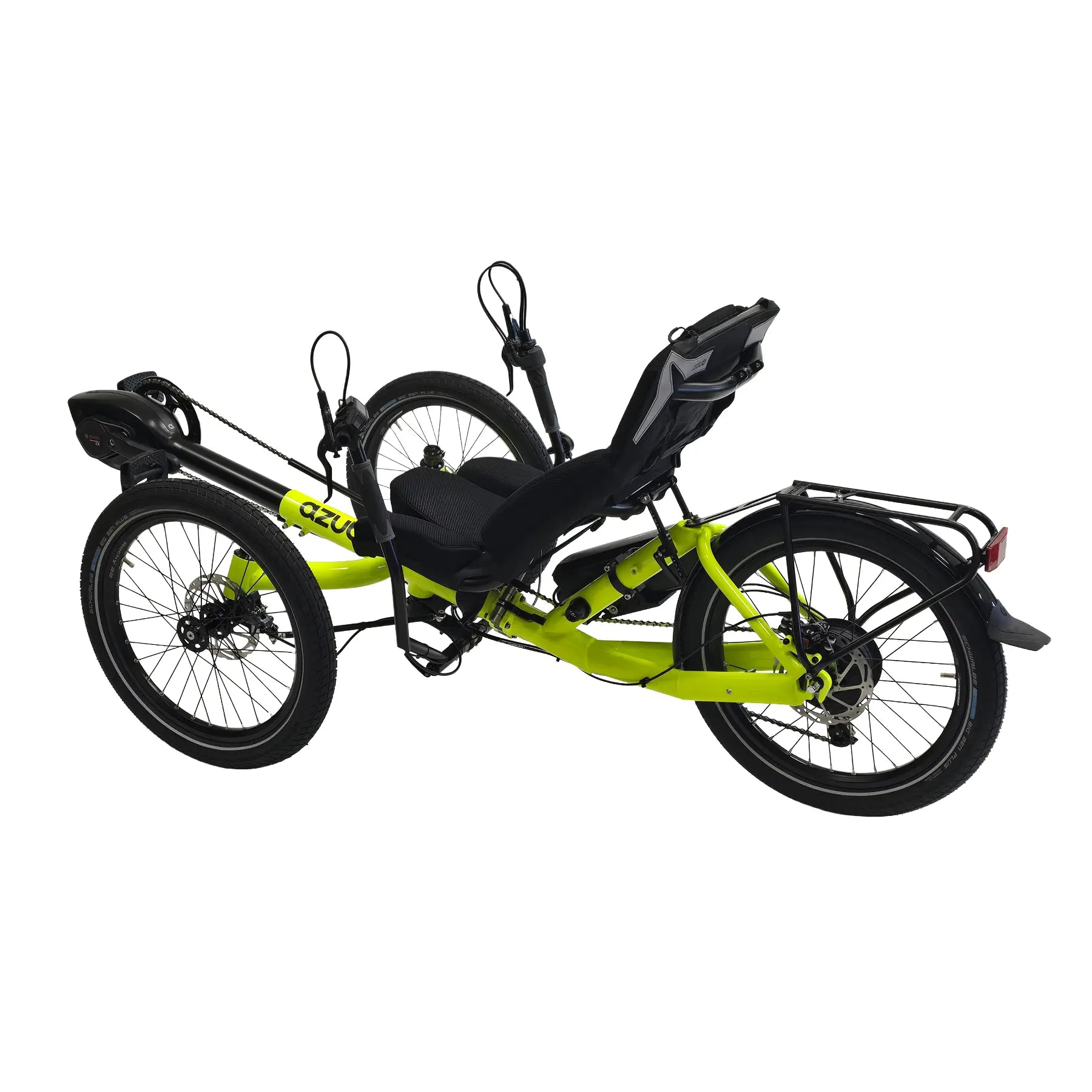 Rear angled non-drive side view of the Azub T-Trisek Bosch Enviolo Neon Yellow Shiny Recumbent Trike against a white background.
