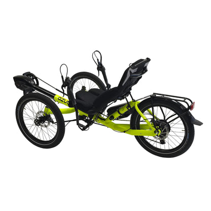 Rear angled non-drive side view of the Azub T-Trisek Bosch Enviolo Neon Yellow Shiny Recumbent Trike against a white background.
