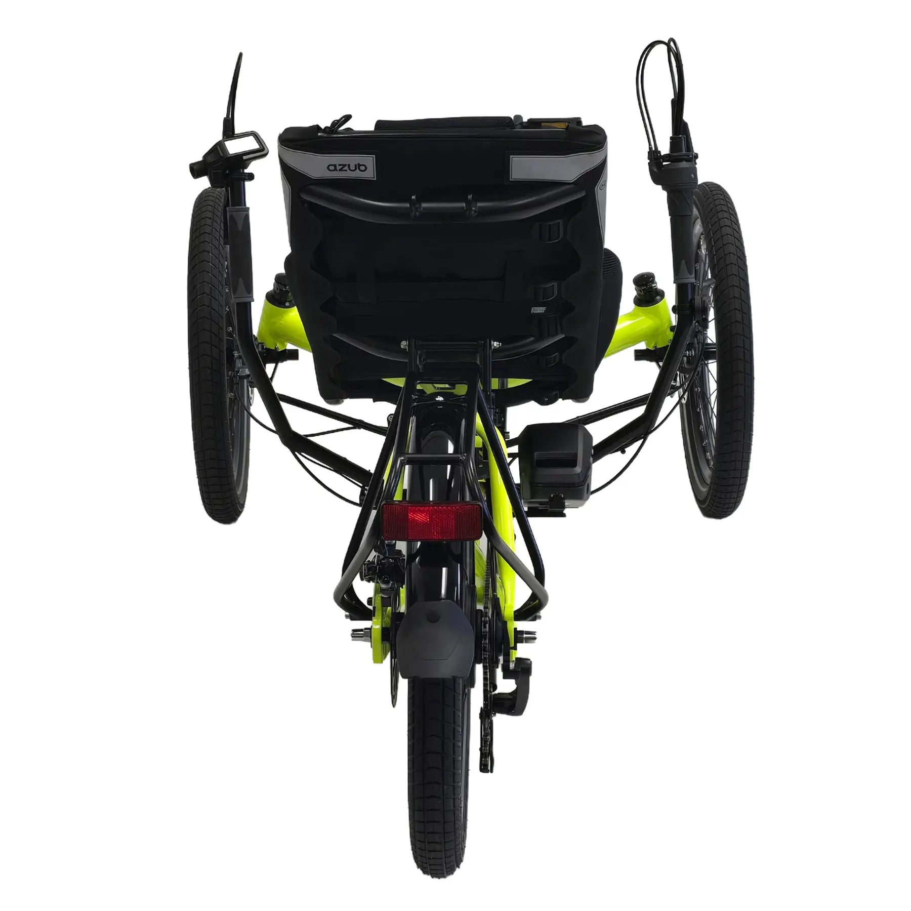 Rear view of the Azub T-Trisek Bosch Enviolo Neon Yellow Shiny Recumbent Trike against a white background.