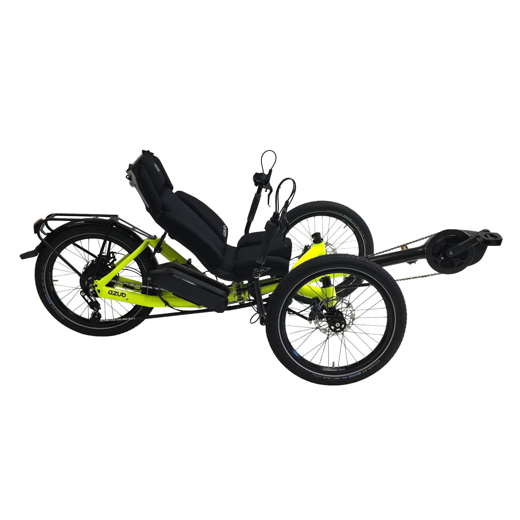 Side view of the Azub T-Trisek Bosch Enviolo Neon Yellow Shiny Recumbent Trike against a white background.