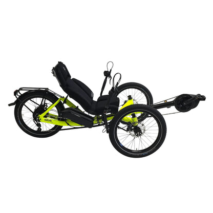 Side view of the Azub T-Trisek Bosch Enviolo Neon Yellow Shiny Recumbent Trike against a white background.