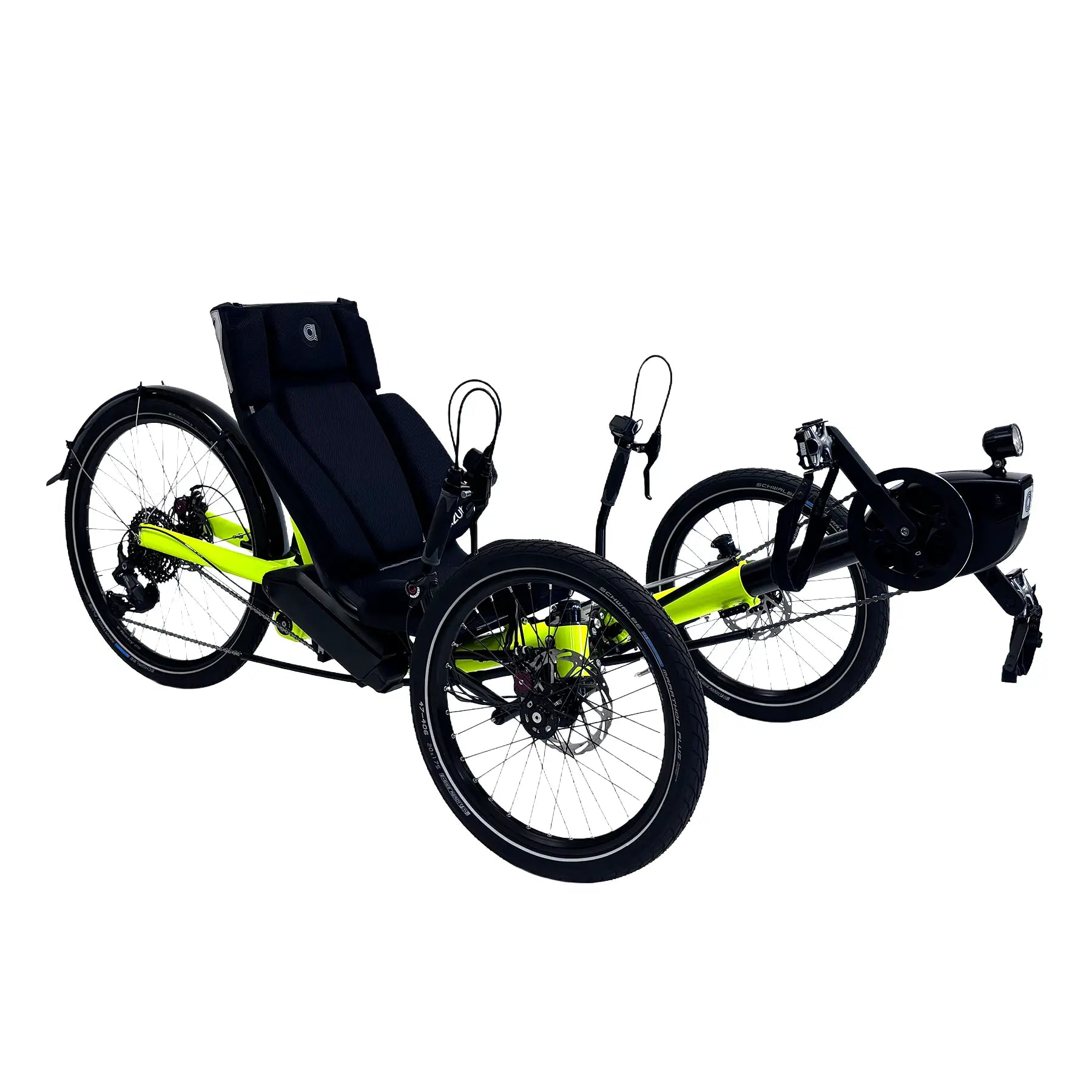 Angled side view of the Azub Ti-Fly 26 with Bosch e-Assist Neon Yellow Recumbent Trike against a white background.