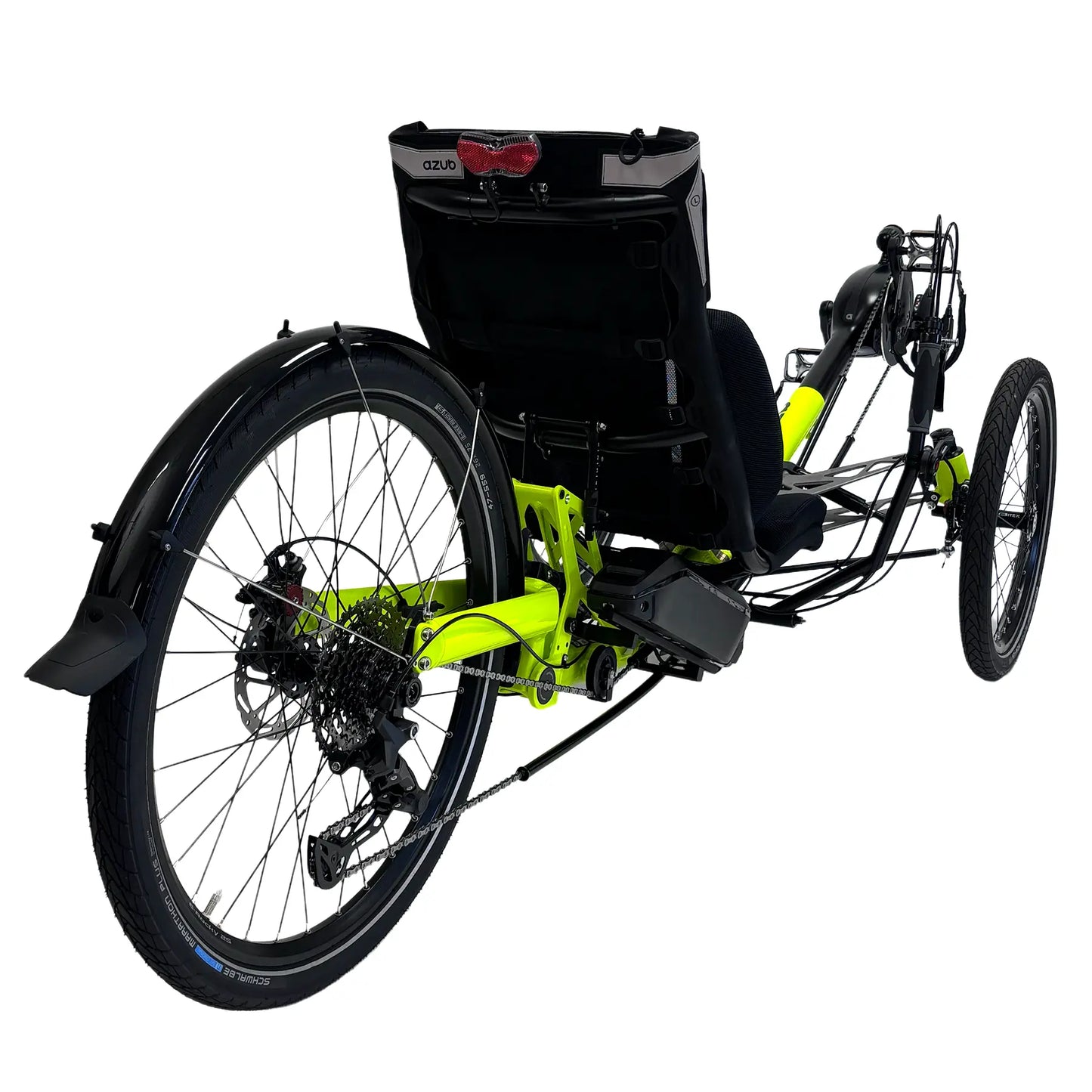 Rear closeup view of the Azub Ti-Fly 26 with Bosch e-Assist Neon Yellow Recumbent Trike against a white background.
