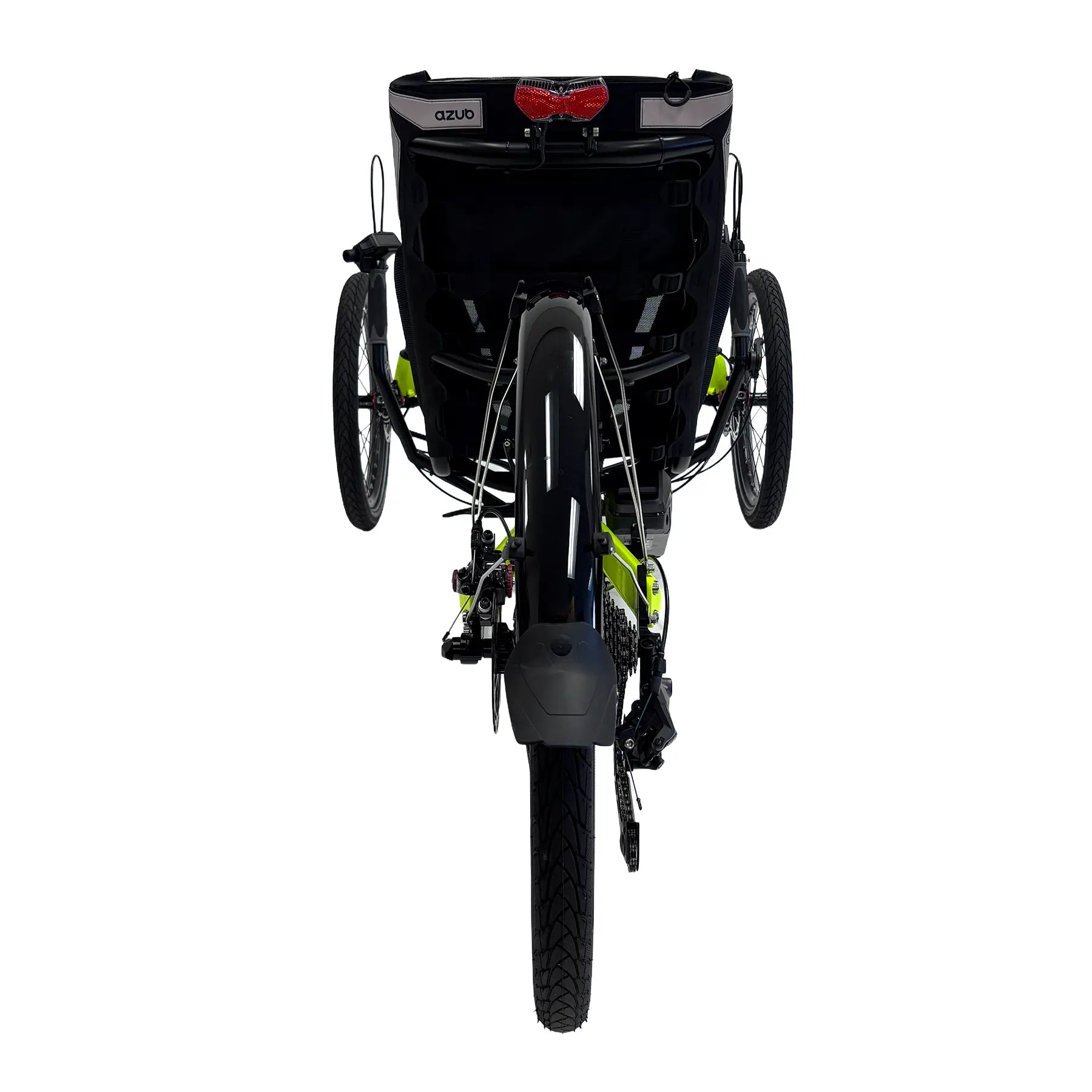 Rear view of the Azub Ti-Fly 26 with Bosch e-Assist Neon Yellow Recumbent Trike against a white background.